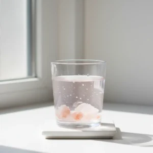 Clear glass of pink salt sole water highlighting hydration and health benefits