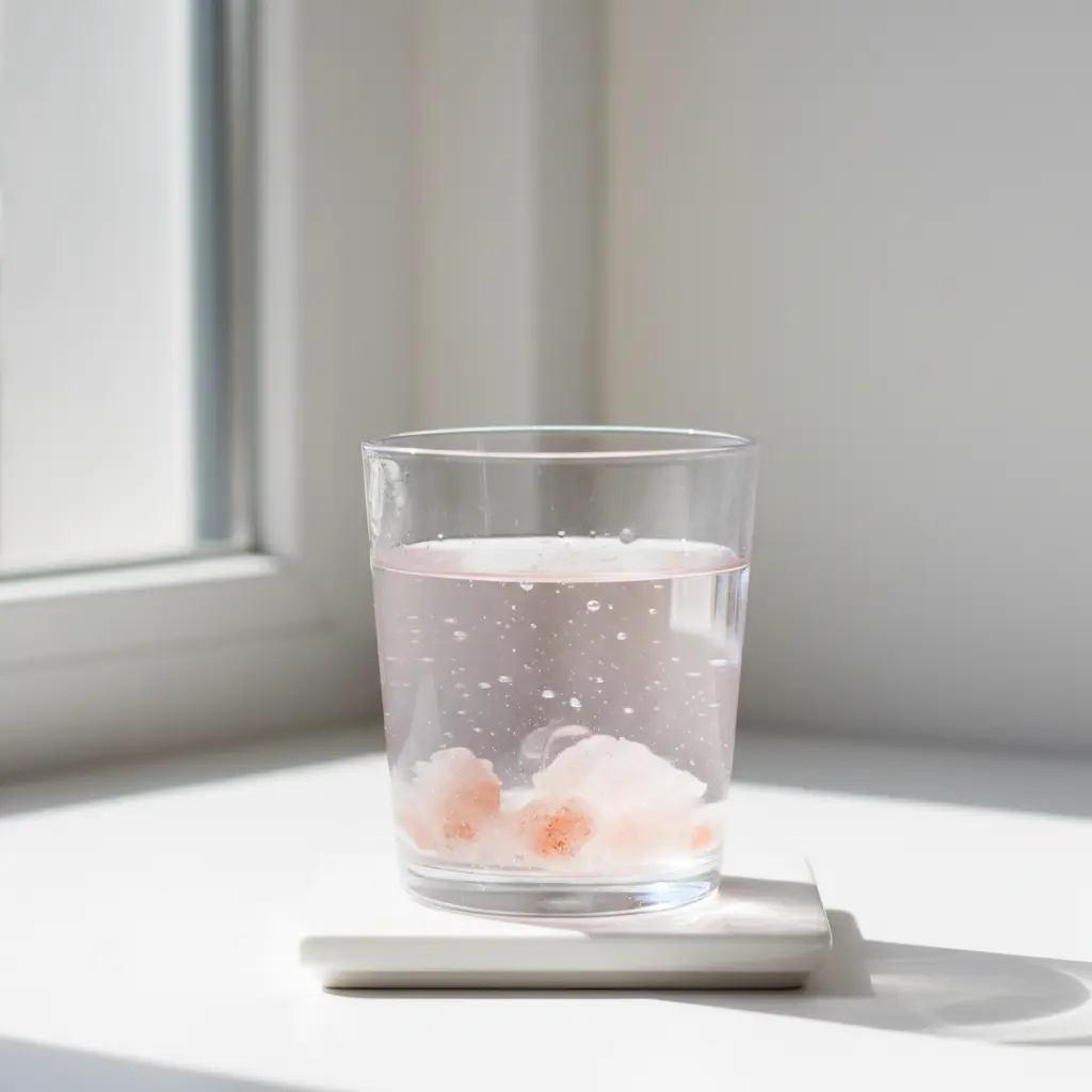 Glass of pink salt sole water next to Himalayan salt crystals