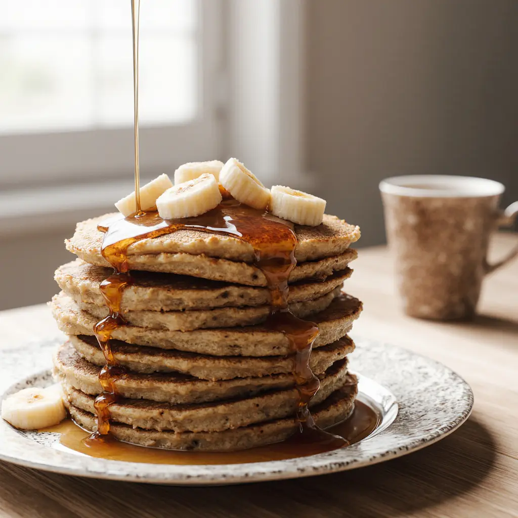 Banana pancakes served with honey and tea