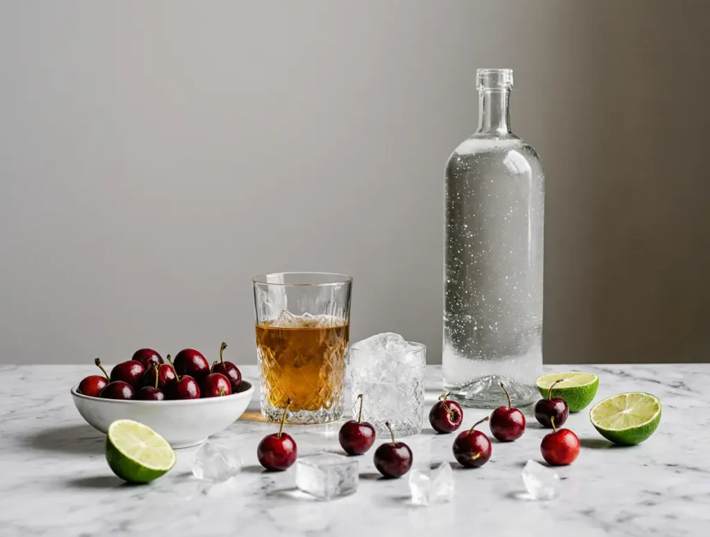 cherry-limeade-mocktail-ingredients ingredients for cherry limeade mocktail flat lay