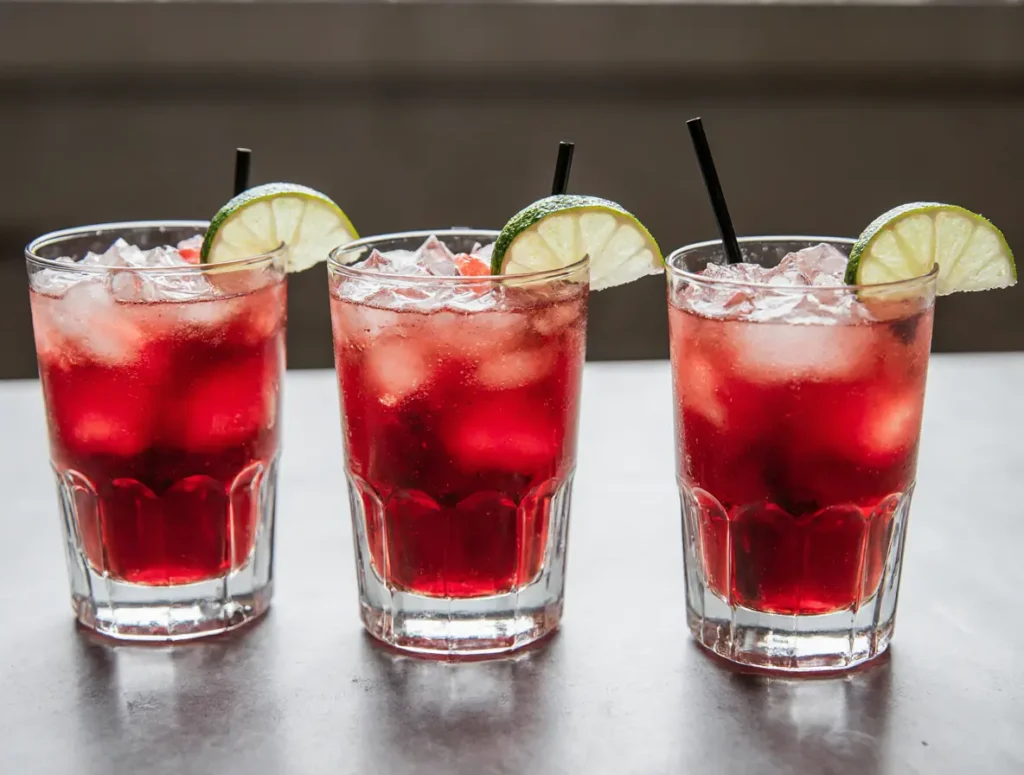 cherry-limeade-mocktail-serving three cherry limeade mocktails on clean counter