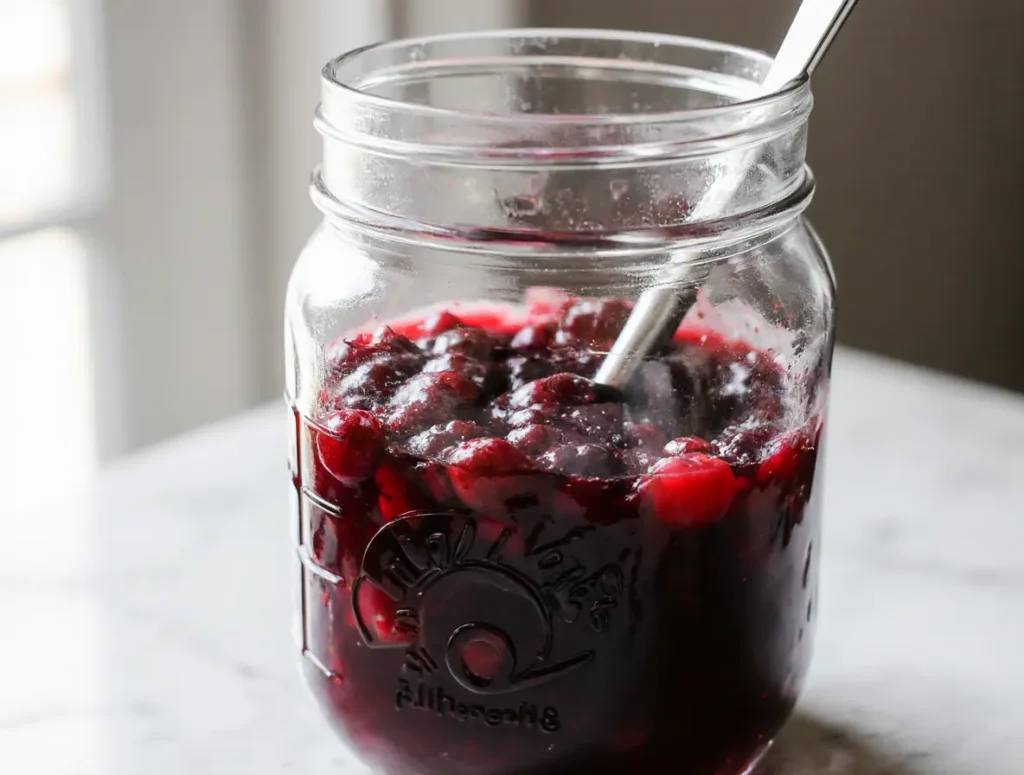 cherry-limeade-mocktail-step1 crushed cherries in jar for cherry limeade mocktail