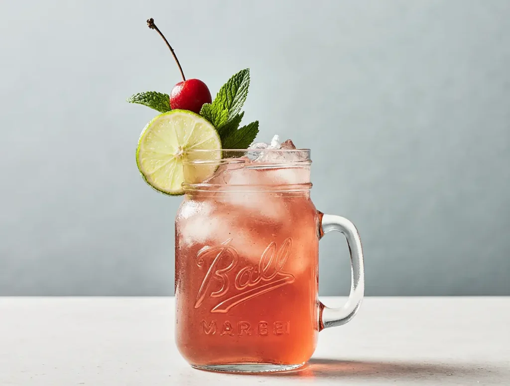 cherry-limeade-mocktail-step3 cherry limeade mocktail with garnish in clean setting