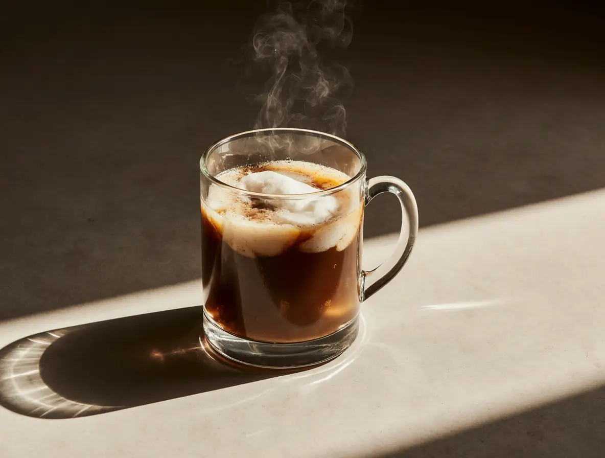 Coconut Cloud Coffee in a clear glass mug