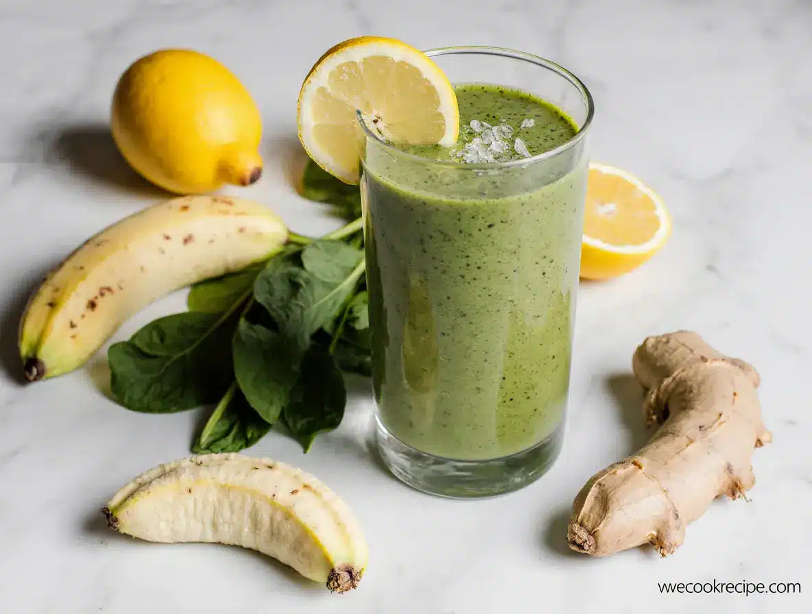 Lemon Ginger Spinach Smoothie on modern kitchen counter with fresh ingredients
