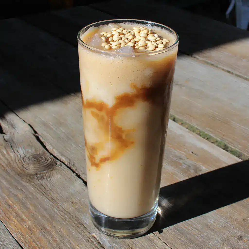 Tahini iced coffee in a glass with sesame seeds
