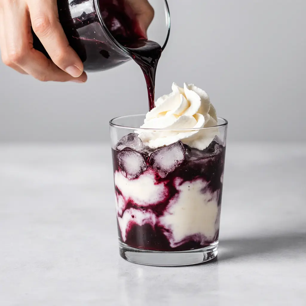 Assembling the Blueberry Cloud Coffee Pouring blueberry milk and topping with whipped coffee