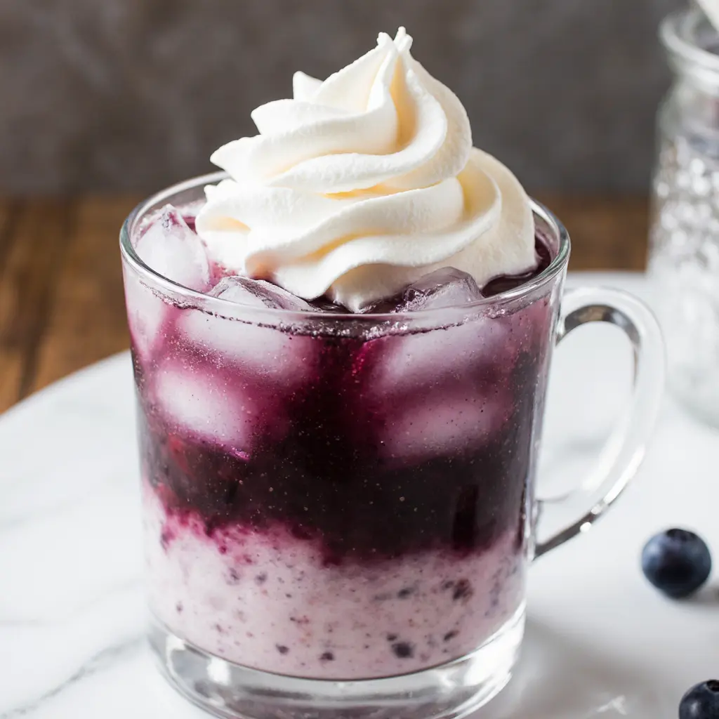 Blueberry cloud coffee layered with syrup and whipped coffee
