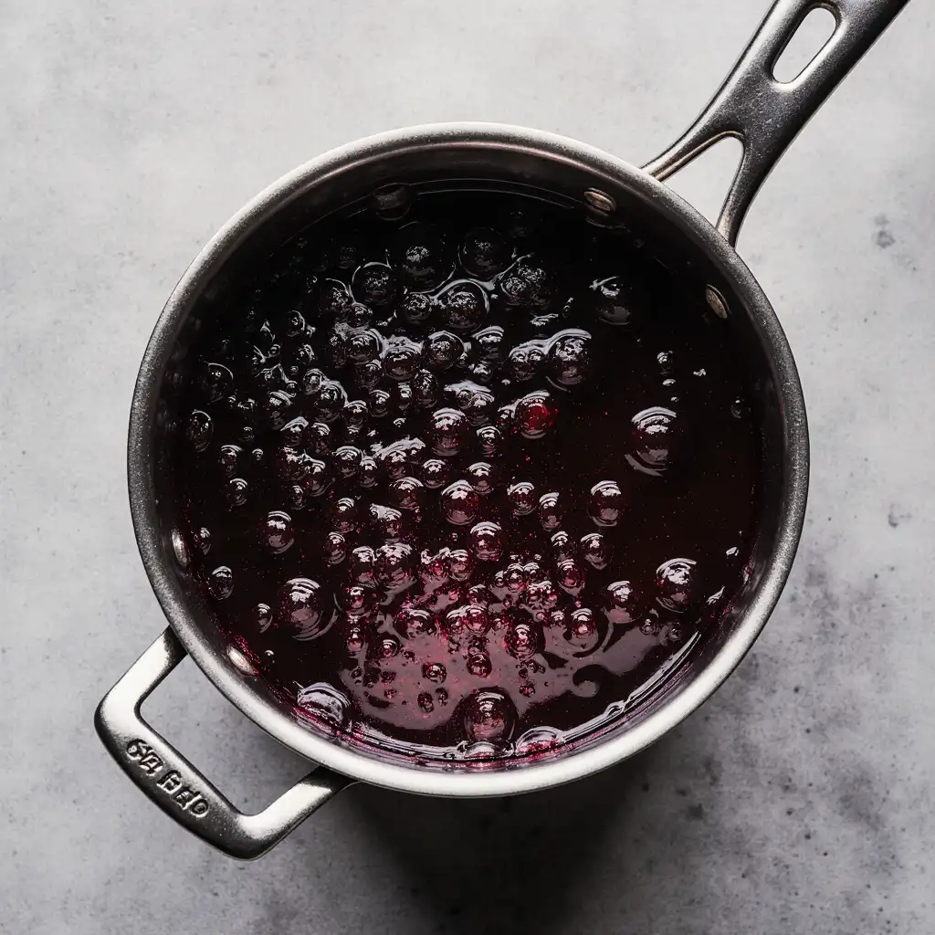 Homemade Blueberry Syrup for Coffee Fresh blueberry syrup simmering in a saucepan