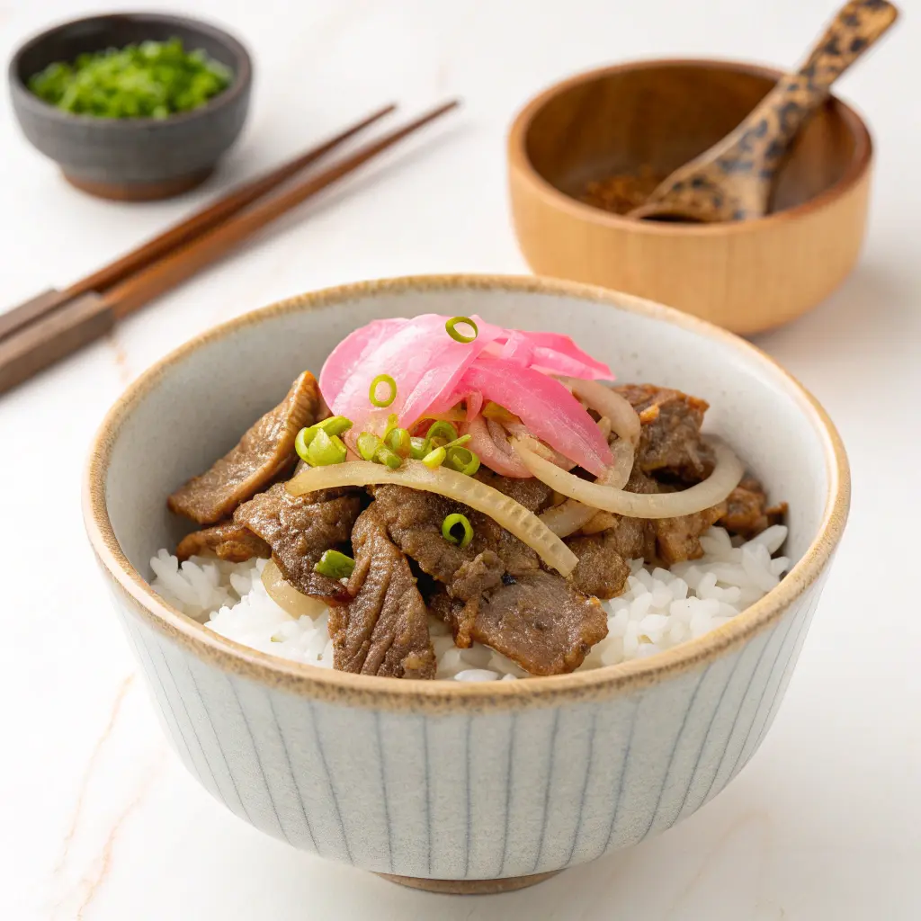 Gyudon (Beef Rice Bowl) Gyudon beef bowl with pickled ginger and onions over white rice