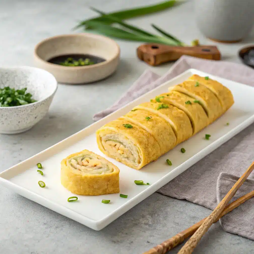 Japanese Tamagoyaki Omelet Japanese tamagoyaki egg roll sliced neatly on a white plate