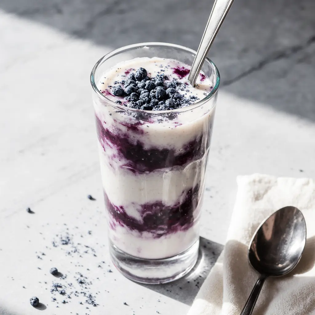 Served Blueberry Cloud Coffee with Garnish Finished blueberry cloud coffee in a glass ready to serve
