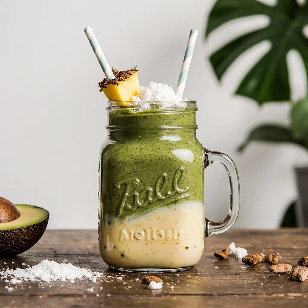 avocolada tropical smoothie cafe in mason jar