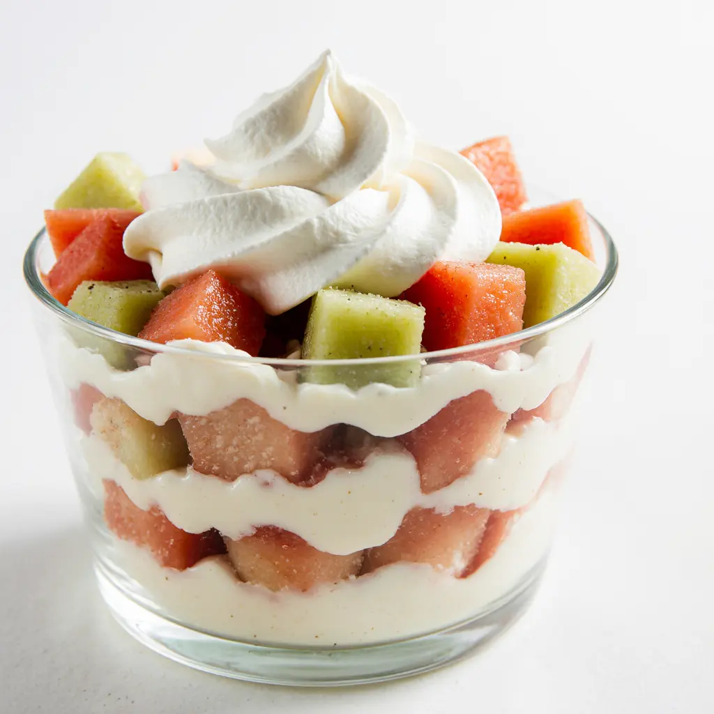 checkerboard-salad-recipe-card Full checkerboard salad in a glass dish with red and green cubes, topped with whipped cream