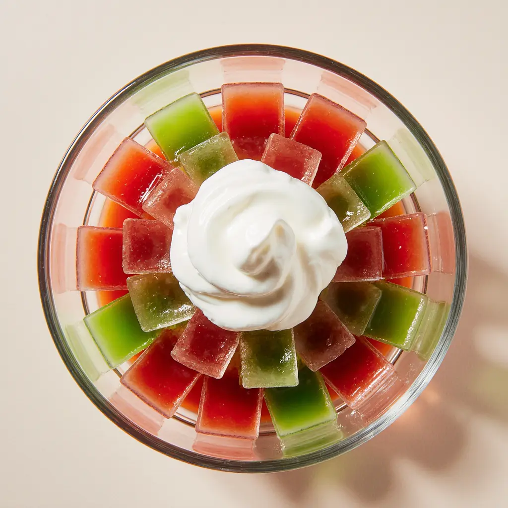 Checkerboard salad in glass dish with red and green gelatin cubes and whipped topping