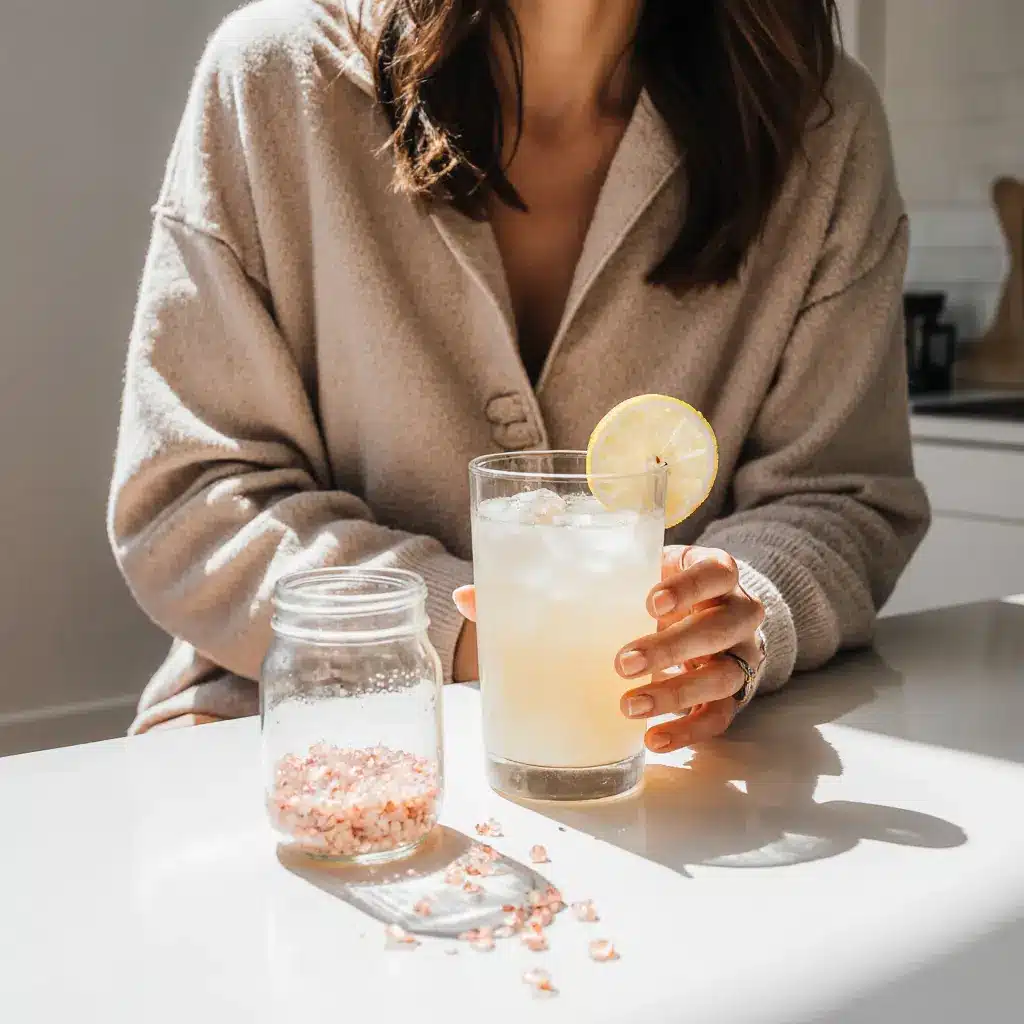 cortisol-cocktail-benefits-weight-loss Woman holding cortisol cocktail for weight loss in morning light