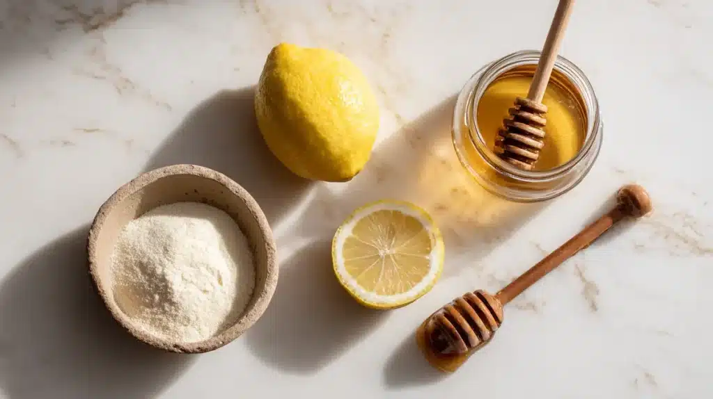 Unflavored gelatin powder, fresh lemon, and honey bottle on marble counter