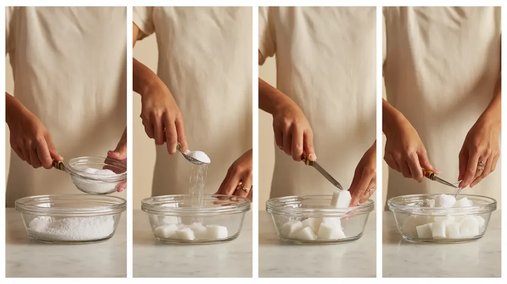 Four step process showing gelatin being mixed, poured, set, and cut into cubes
