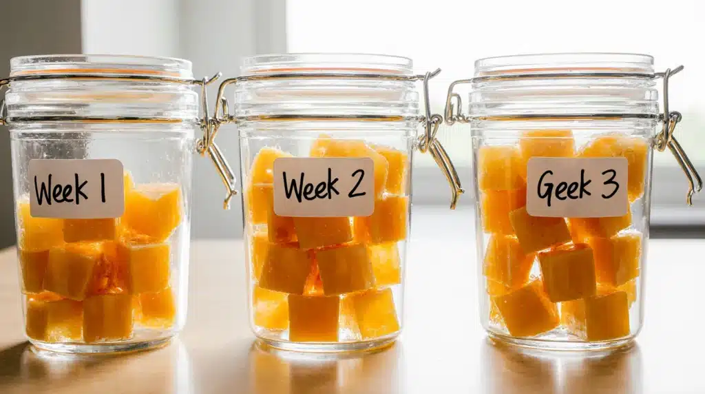 Weekly meal prep containers showing consistent gelatin cube preparation using the gelatin trick for weight loss