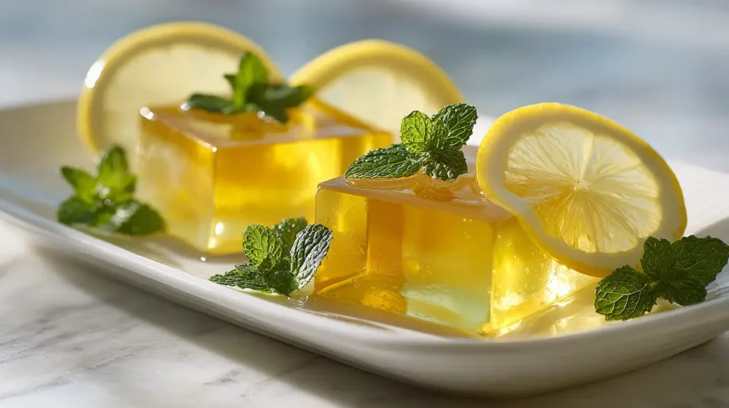 Lemon honey gelatin cubes on white plate with fresh lemon slices and mint garnish