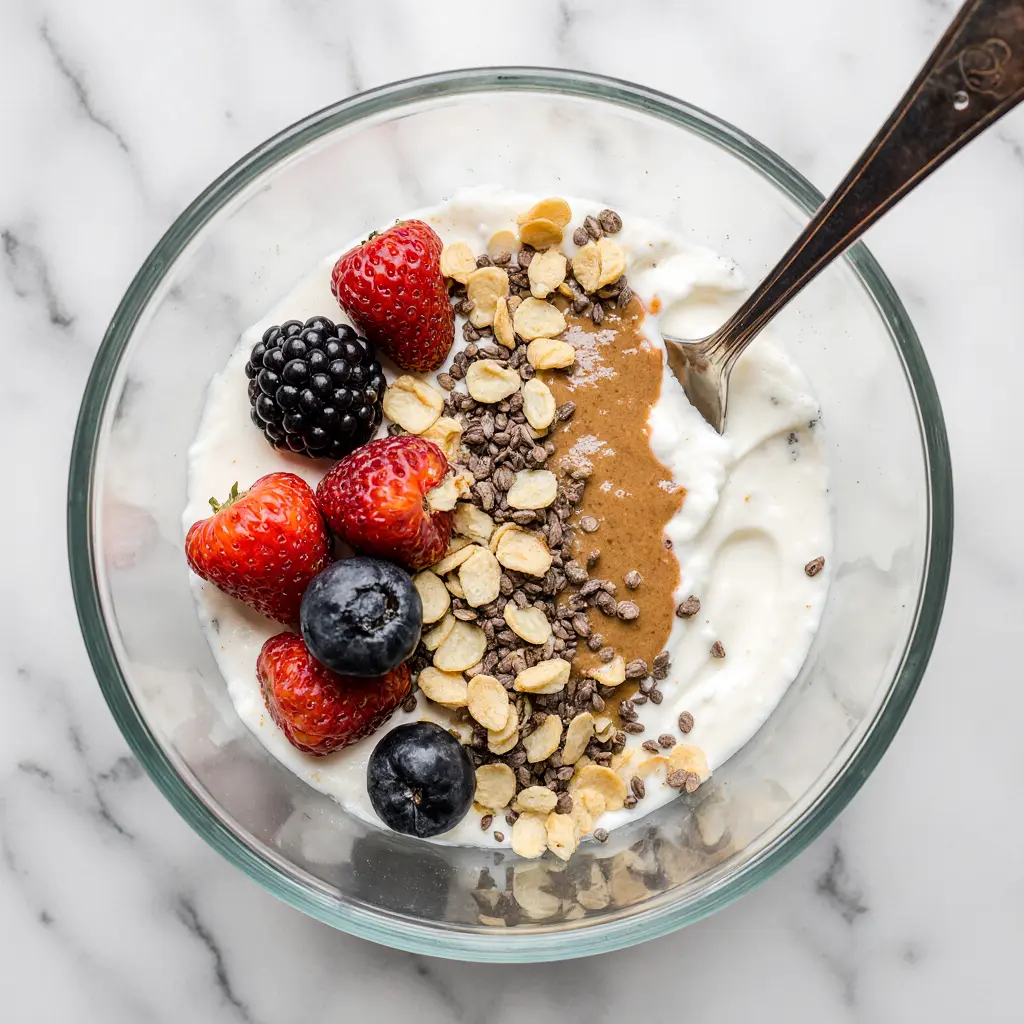 high-protein-greek-yogurt-bowl High protein Greek yogurt bowl with toppings