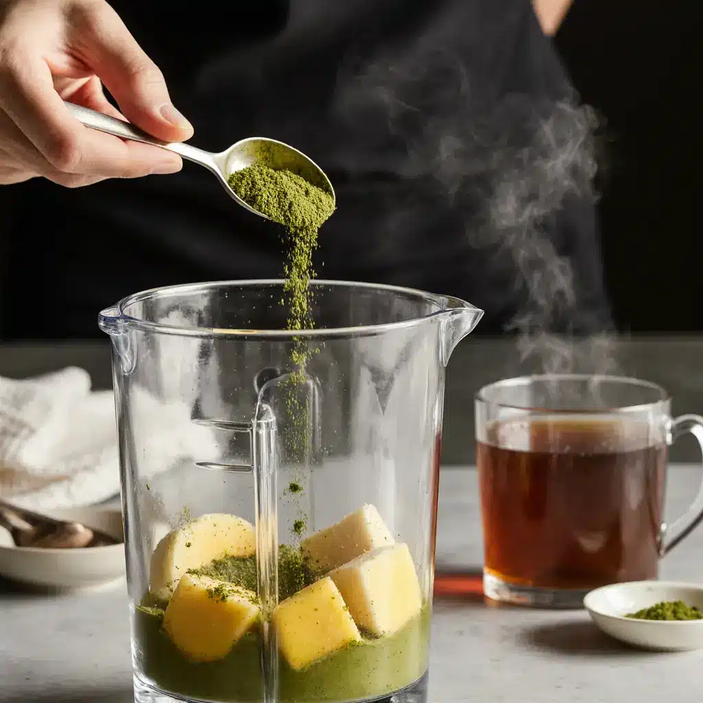 moringa-smoothie-morning-routine woman adding moringa powder to smoothie on autumn morning