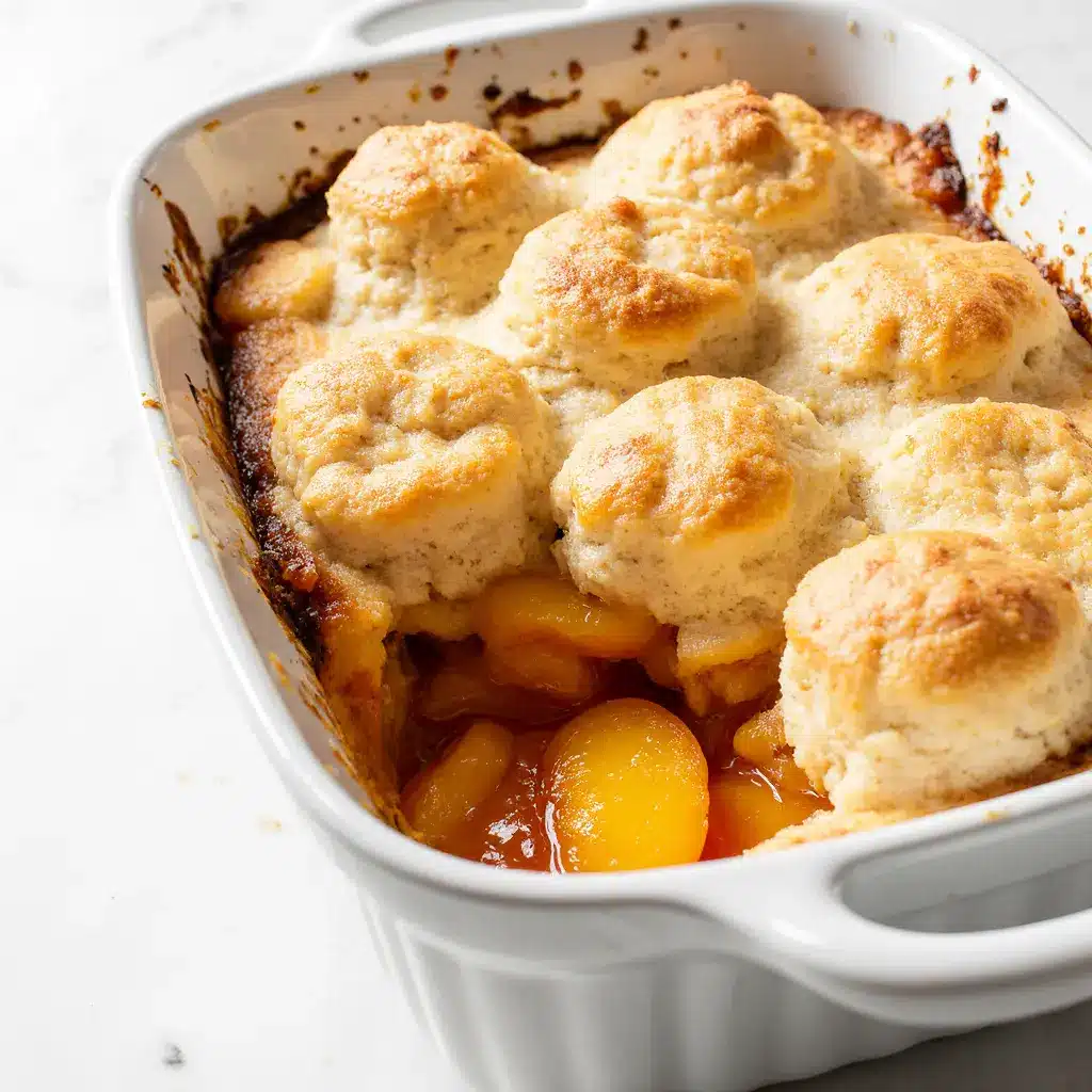 Close-up of peach cobbler in ceramic dish