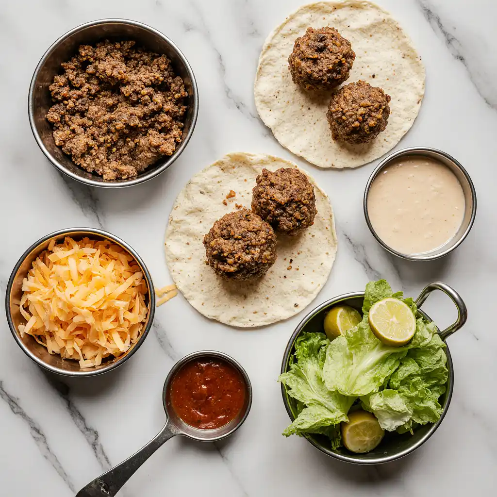 smash-burger-ingredients-flatlay flat lay of smash burger taco ingredients
