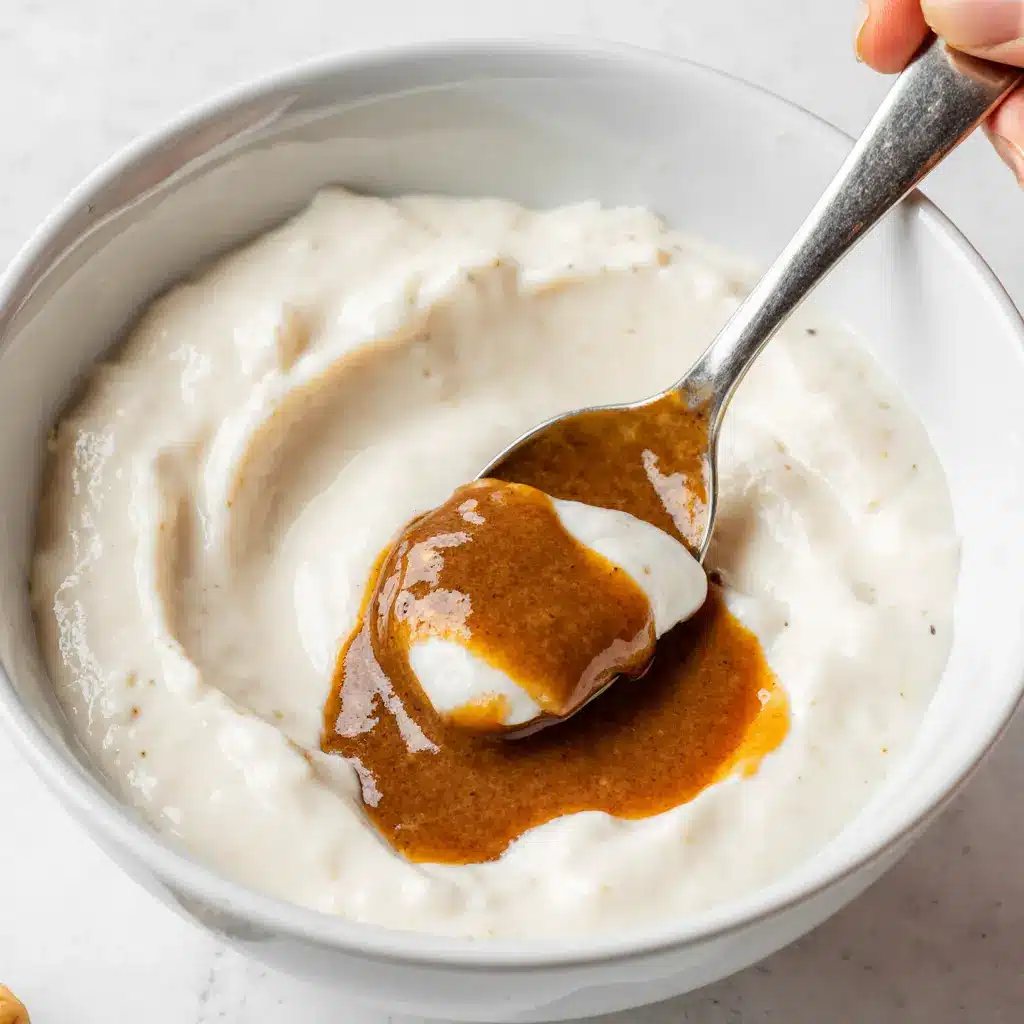 stir-greek-yogurt-peanut-butter stirring peanut butter into Greek yogurt