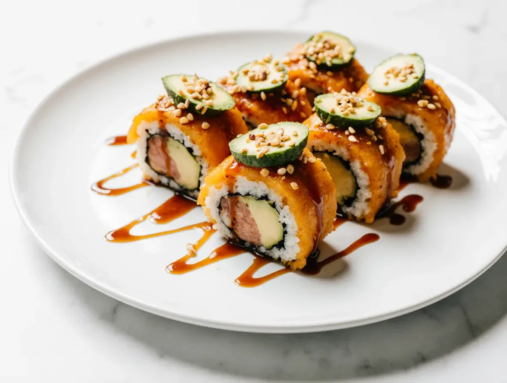 vegan-sweet-potato-sushi-serving Vegan sweet potato sushi served on white plate with sesame