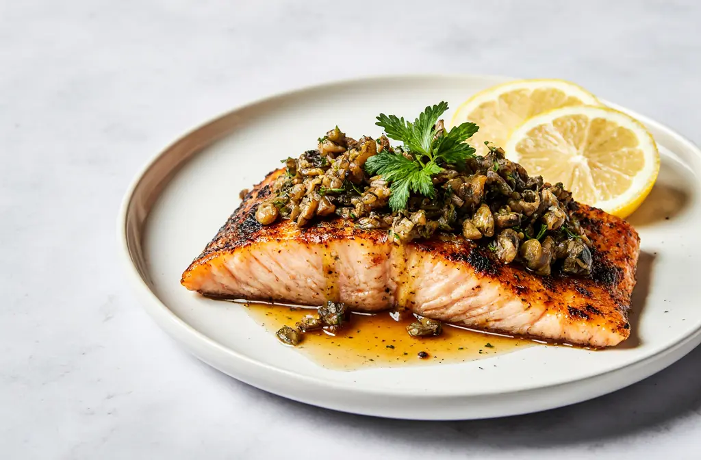 Pan-seared Anchovy-Garlic Butter Salmon with crispy golden skin and garlic herb butter sauce
