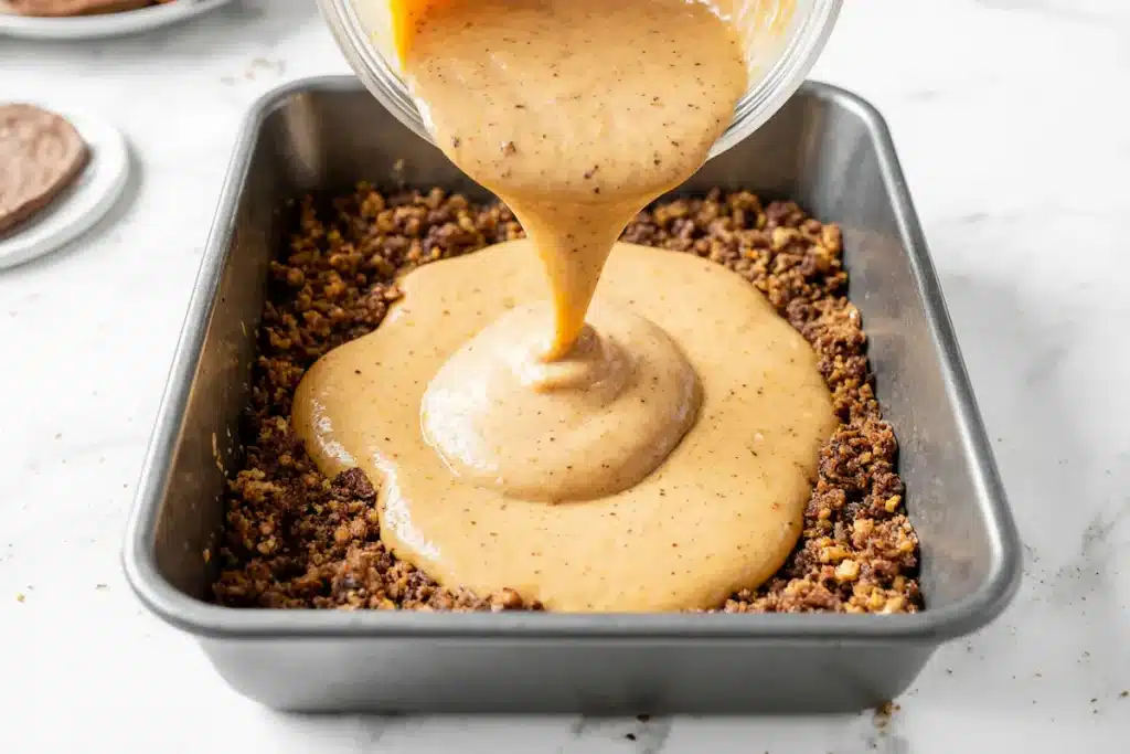Assembling the Pumpkin Coffee Cake Layers layering pumpkin coffee cake batter and streusel