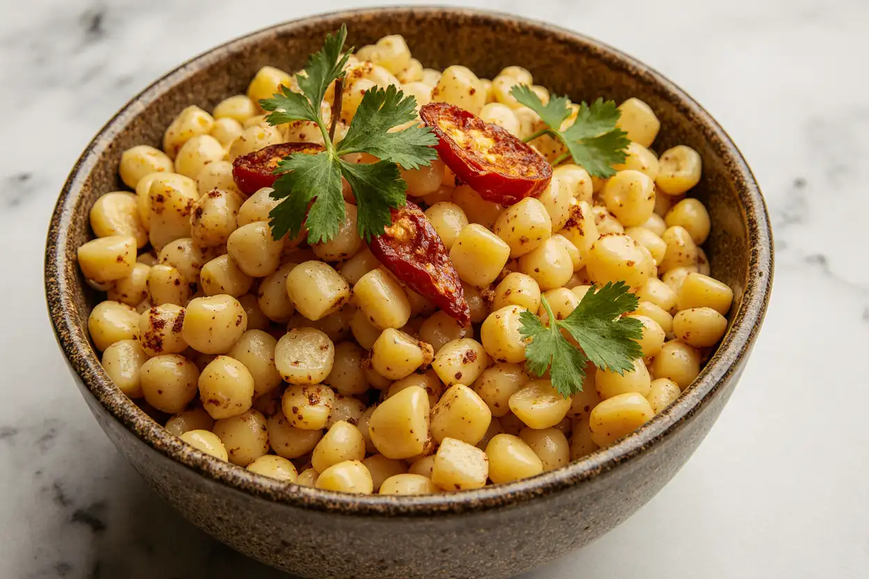 Chipotle corn recipe with golden corn kernels and chipotle peppers in ceramic bowl