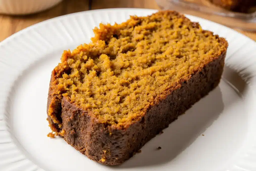 Super moist pumpkin bread slice showing perfect texture