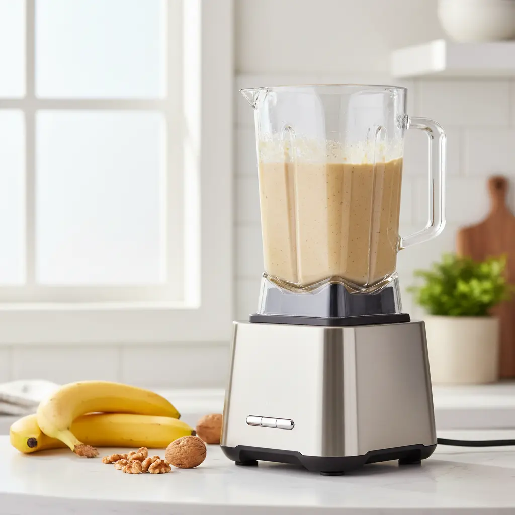 Blender Banana Bread Batter - Perfect Smooth Consistency Smooth blender banana bread batter in modern blender ready for baking