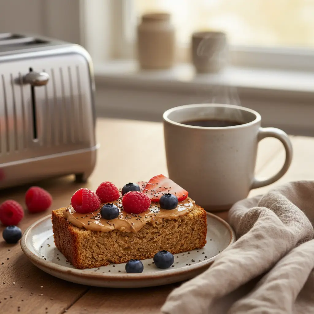 Blender Banana Bread Breakfast - Toasted with Almond Butter and Berries Toasted blender banana bread slice topped with almond butter and berries for breakfast