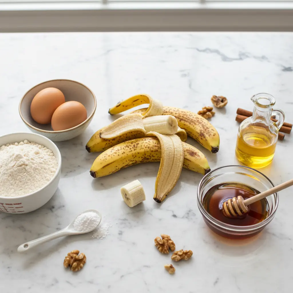 Blender Banana Bread Ingredients - Complete Recipe Setup Blender banana bread ingredients arranged on marble counter including ripe bananas and flour