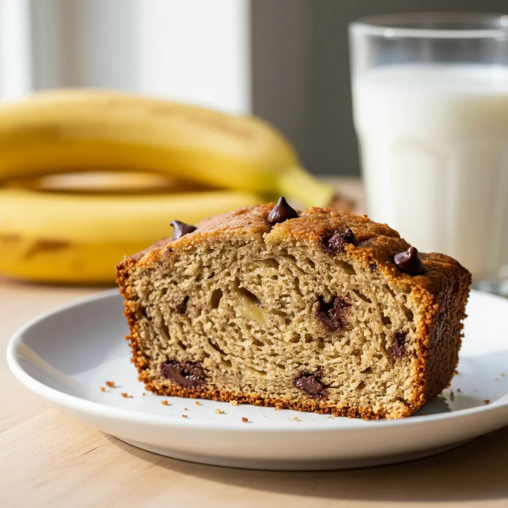 Blender Banana Bread Recipe - Perfect Slice with Chocolate Chips Blender banana bread slice with chocolate chips showing moist texture on white plate