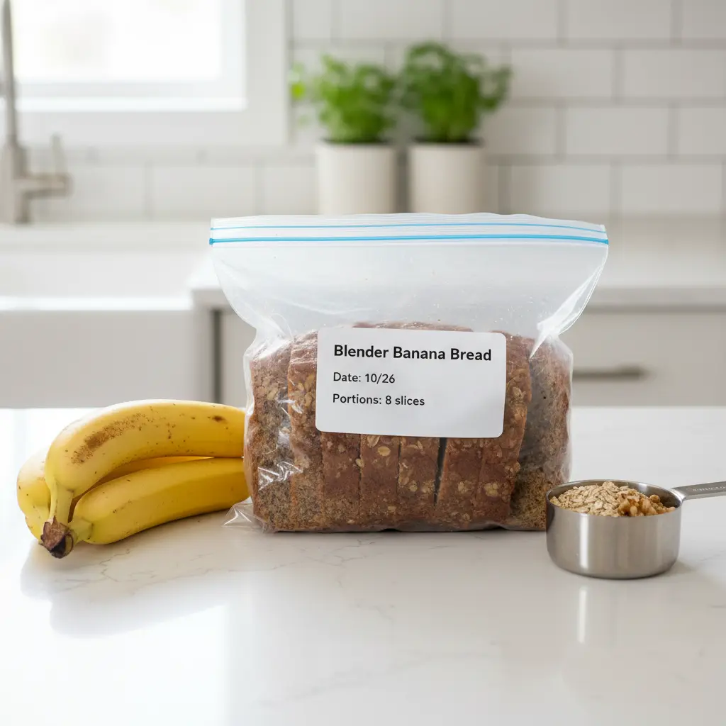 Blender Banana Bread Storage - Freezer Meal Prep Method Sliced blender banana bread stored in labeled freezer bag for meal prep