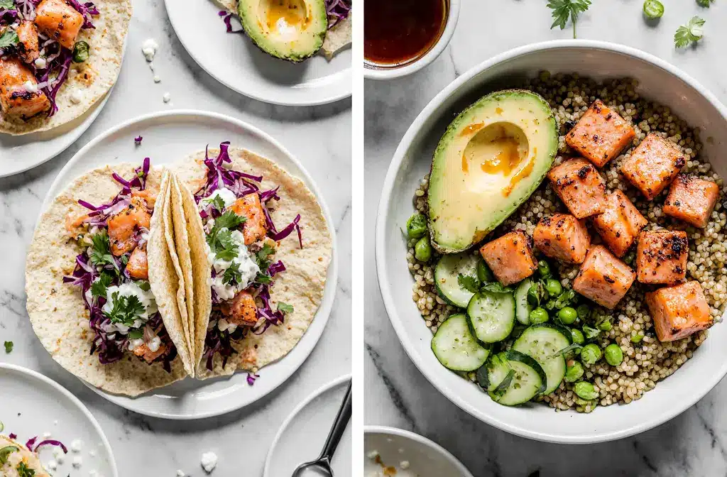 A display of candied salmon served in both fresh tacos and a healthy grain bowl, showcasing its versatility.