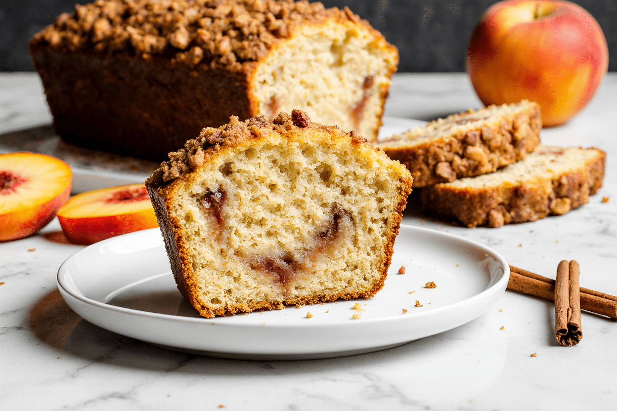 Slice of cinnamon crunch peach muffin bread showing moist golden crumb with peach chunks and crunchy cinnamon topping on white ceramic plate