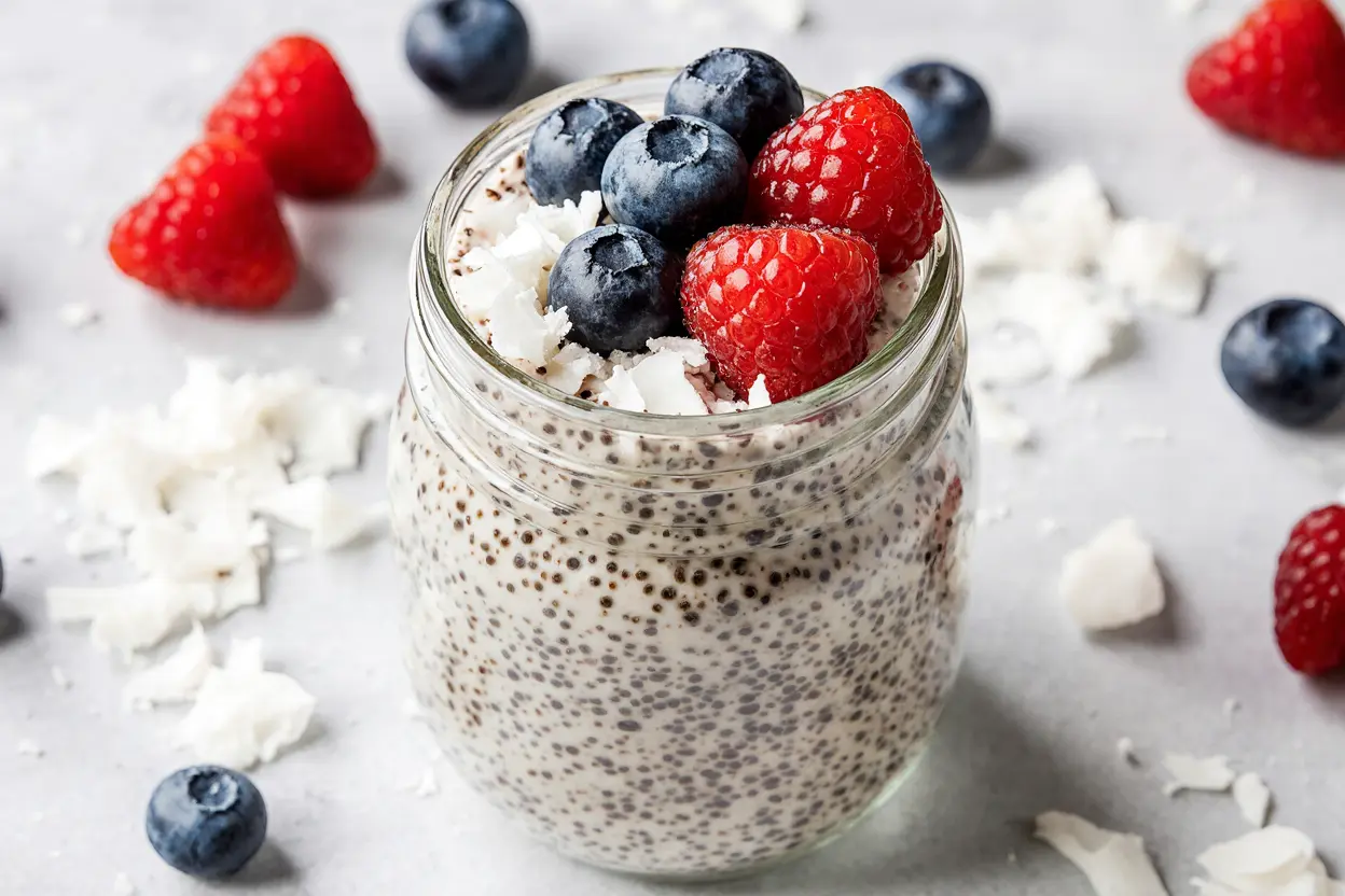 Creamy coconut chia seed pudding in glass jar with fresh berries and coconut flakes