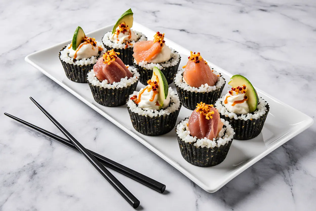 A platter of assorted sushi cups filled with salmon, tuna, and avocado, showcasing a portable and customizable sushi bite.