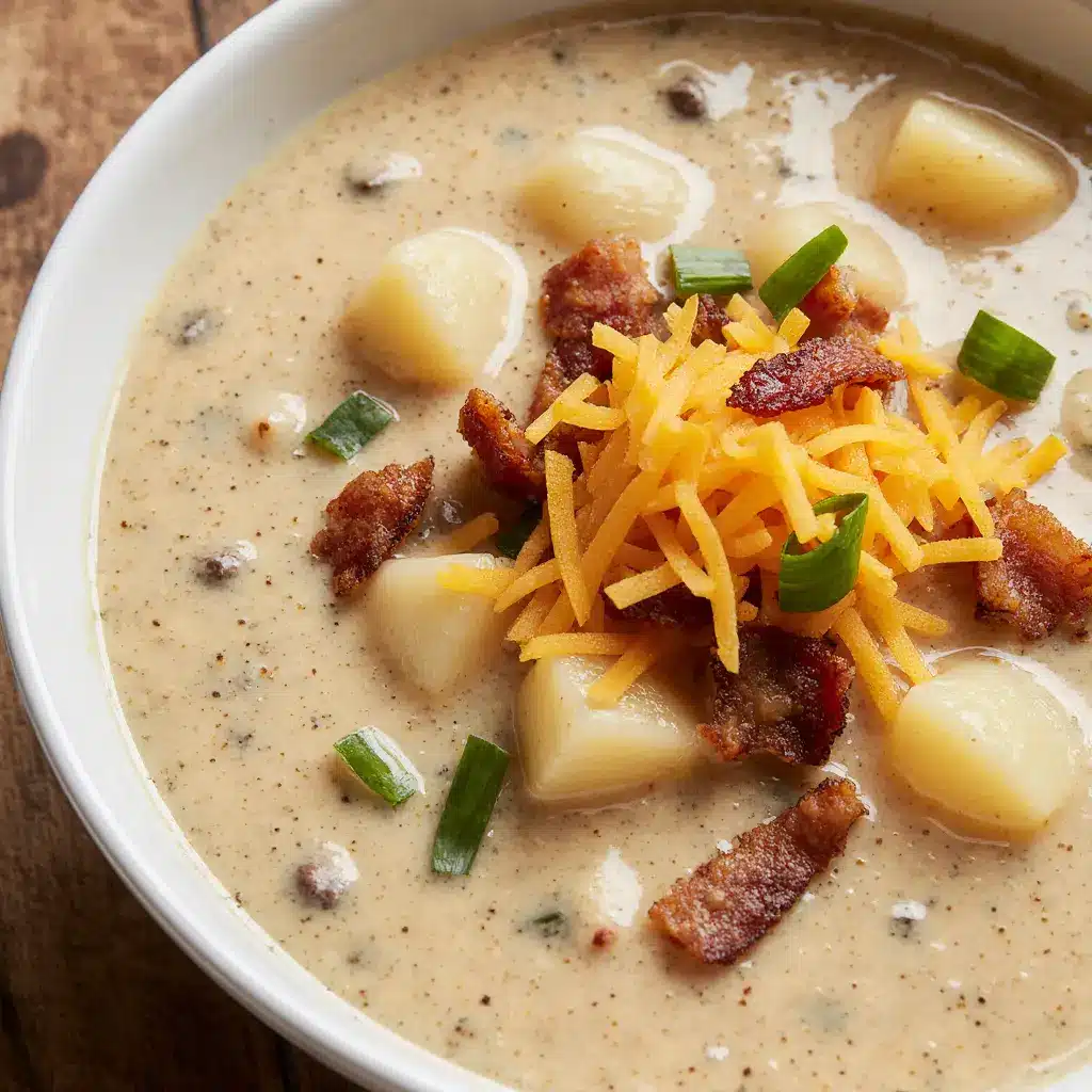 Creamy copycat Outback Steakhouse potato soup in a white bowl, topped with crispy bacon, shredded cheddar, and chopped green onions, showing chunky diced potatoes.