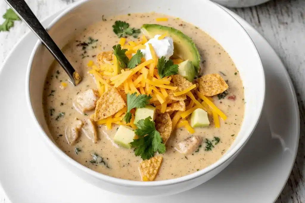 Creamy chicken tortilla soup served in a modern white bowl, topped with crispy tortilla strips, shredded cheese, diced avocado, and fresh cilantro, showcasing rich textures and vibrant colors.