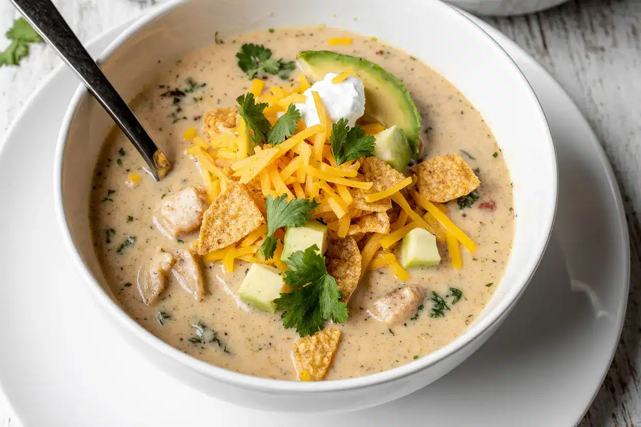 Creamy chicken tortilla soup served in a modern white bowl, topped with crispy tortilla strips, shredded cheese, diced avocado, and fresh cilantro, showcasing rich textures and vibrant colors.