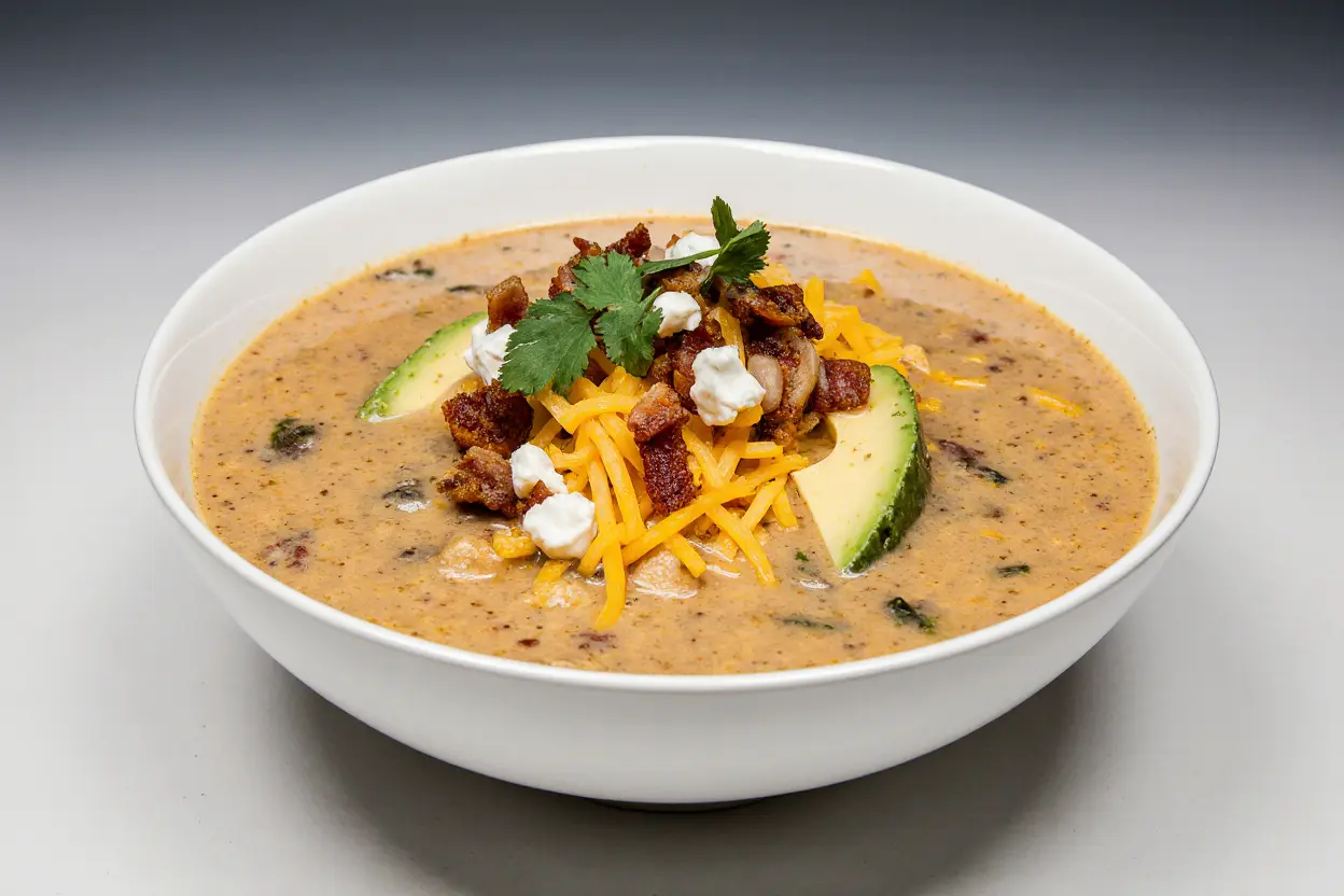 Close-up of creamy taco soup served in a white bowl, topped with crispy bacon bits, melted cheddar cheese, diced avocado, and fresh cilantro, showcasing vibrant colors and rich textures.