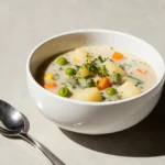creamy vegan vegetable soup garnished with parsley, on a light neutral surface with a sleek spoon