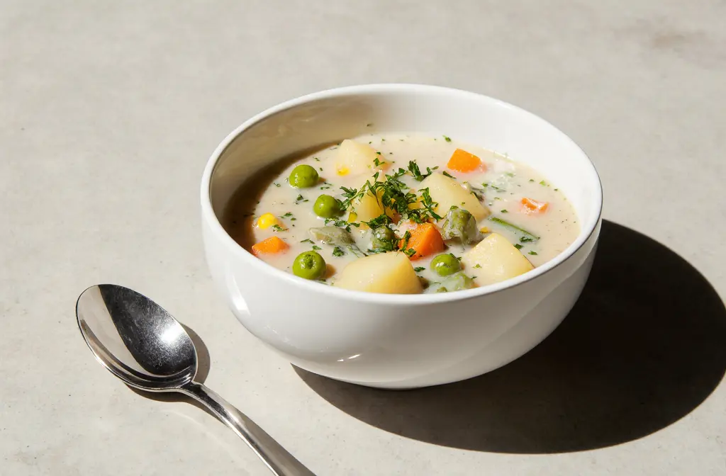creamy vegan vegetable soup garnished with parsley, on a light neutral surface with a sleek spoon