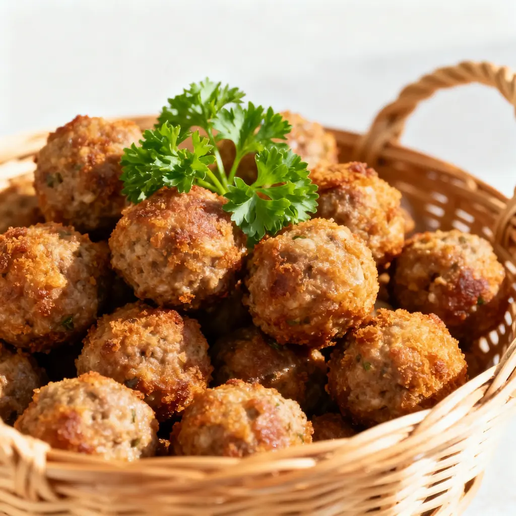 Crispy air fryer frozen meatballs in basket with parsley